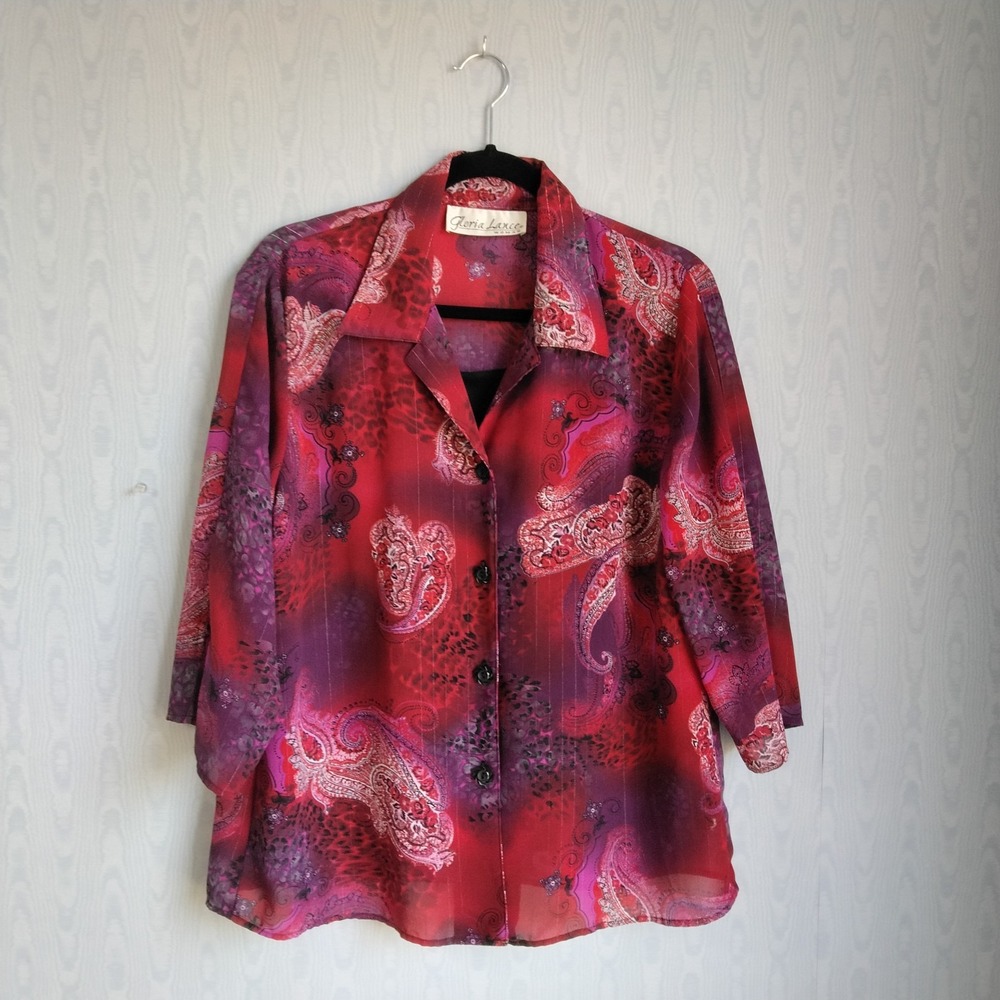 Vtg Women's L Button‎ Down Shirt Paisley Sheer Metallic Lined Fairy Whimsigoth